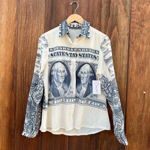 Retro Dollar Bill Novelty Button-Up Blouse